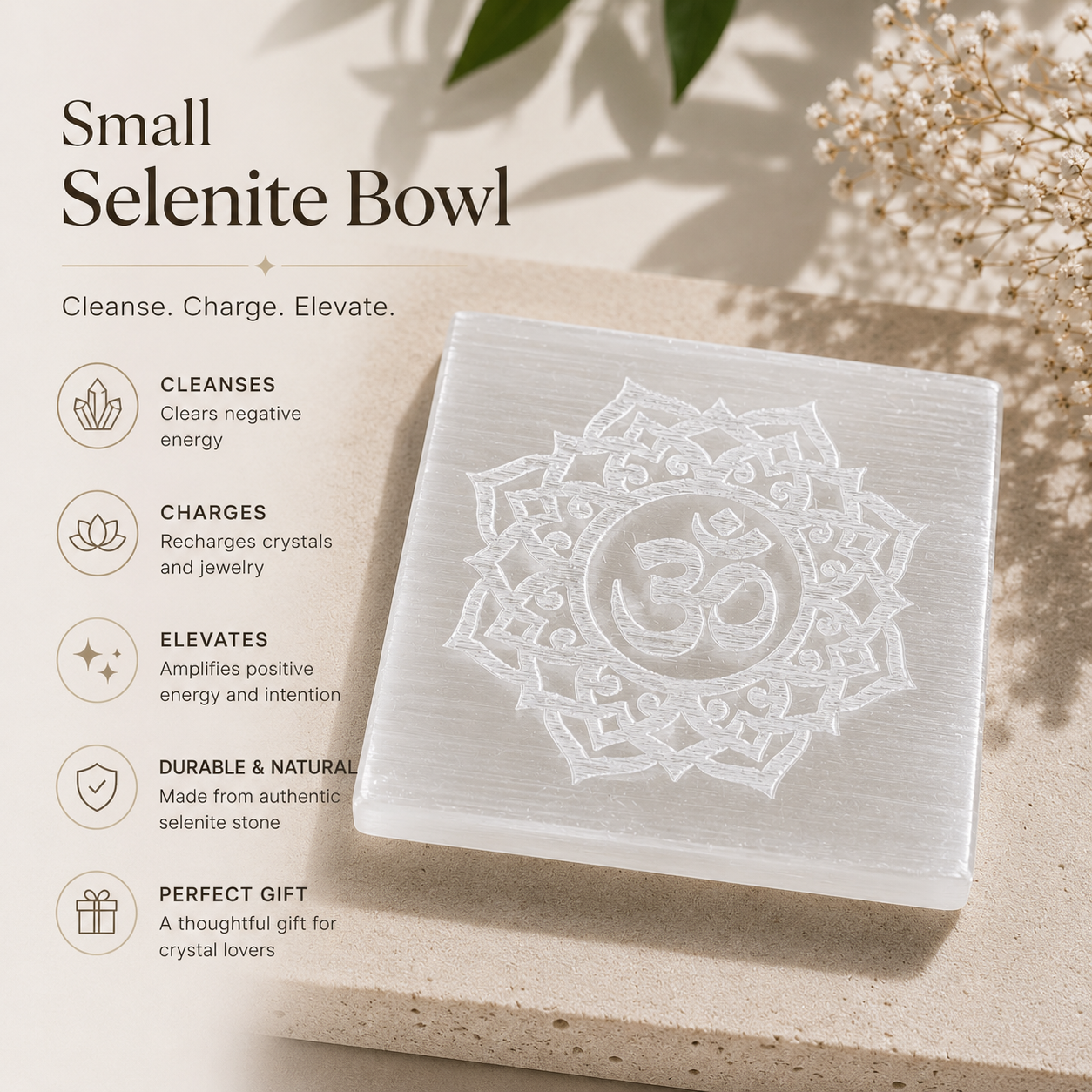 Diivine Selenite Charging Plate – Om Engraved Crystal Charging Tile