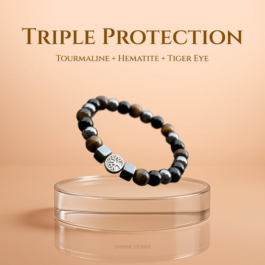 Diivine Triple Protection Stone – Tourmaline + Hematite + Tiger Eye