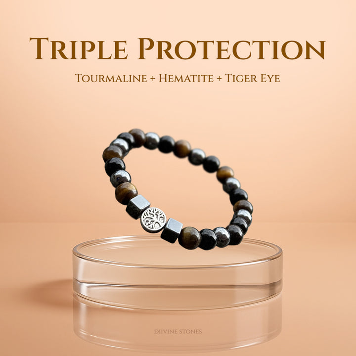 Triple Protection Stone – Tourmaline + Hematite + Tiger Eye