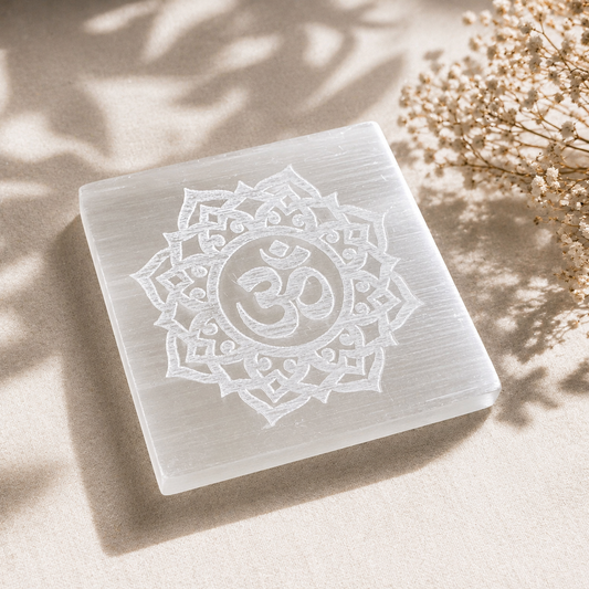 Diivine Selenite Charging Plate – Om Engraved Crystal Charging Tile