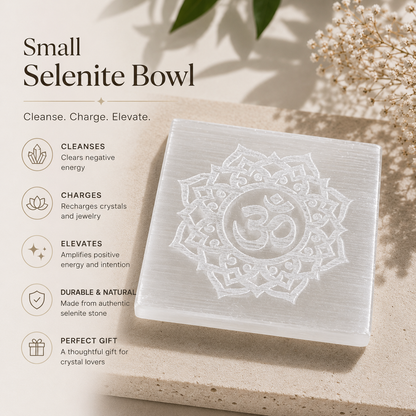 Diivine Selenite Charging Plate – Om Engraved Crystal Charging Tile