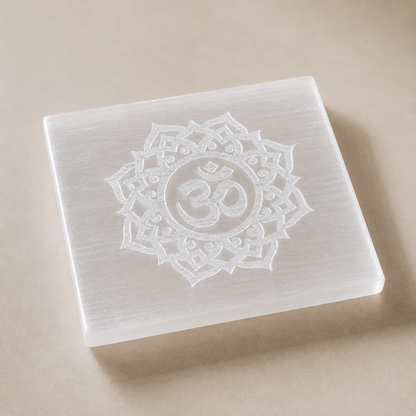 Diivine Selenite Charging Plate – Om Engraved Crystal Charging Tile